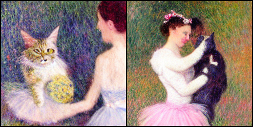 a photo of a beautiful ballerina lady embracing her cat in Monet style